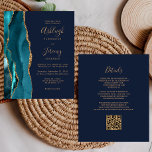 Aquamarine Gold QR Code Navy Blue Wedite Einladung<br><div class="desc">Rett die Kosten für das Drucken und Verschicken separater RSVP-Karten mit dieser eleganten, modernen All-in-One-Hochzeitseinladung. Der links Rand ist mit einem aquamarinen, blauen Aquarellstreifen versehen, der mit goldenen Imitaten Glitzer bestickt ist. Der anpassbare Text kombiniert goldfarbene Handschrift, Copperplate und kursiv Schriftart auf marinebasischem Hintergrund. Die Rückseite bietet Platz für Hochzeitsdetails...</div>