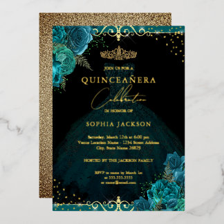 Aquamarine Gold Rose Elegante Quinceanera Folieneinladung