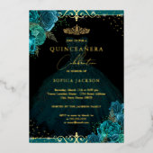 Aquamarine Gold Rose Elegante Quinceanera Folieneinladung (Vorderseite)