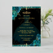 Aquamarine Gold Rose Elegante Quinceanera Folieneinladung (Stehend vorne)