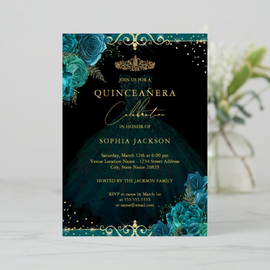 Aquamarine Gold Rose Elegante Quinceanera Folieneinladung (Stehend vorne)