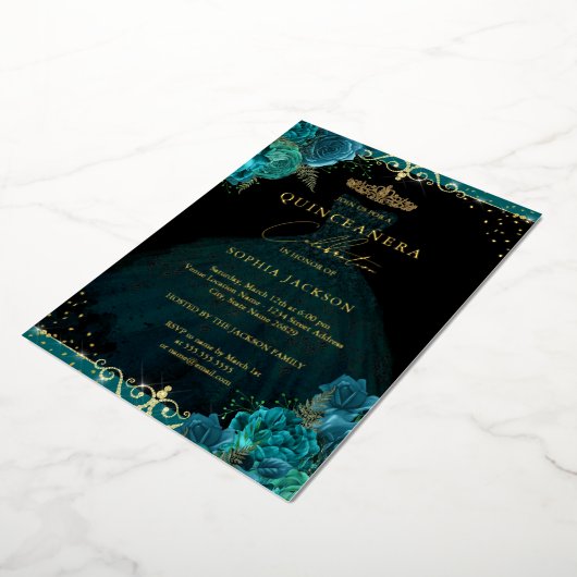 Aquamarine Gold Rose Elegante Quinceanera Folieneinladung (Gedreht)