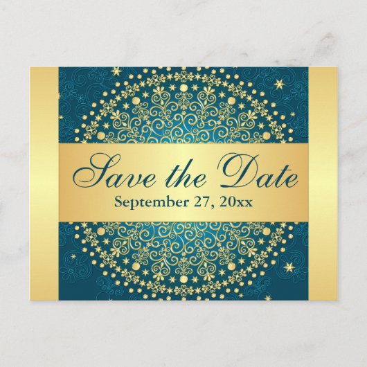 Aquamarine, Gold Scrolls Save the Date Karte (Vorderseite)