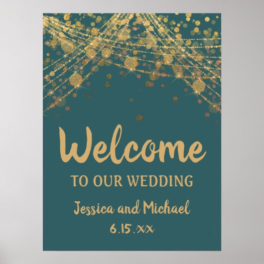 Aquamarine Gold String Lights Bokeh Hochzeit Willk Poster (Vorne)
