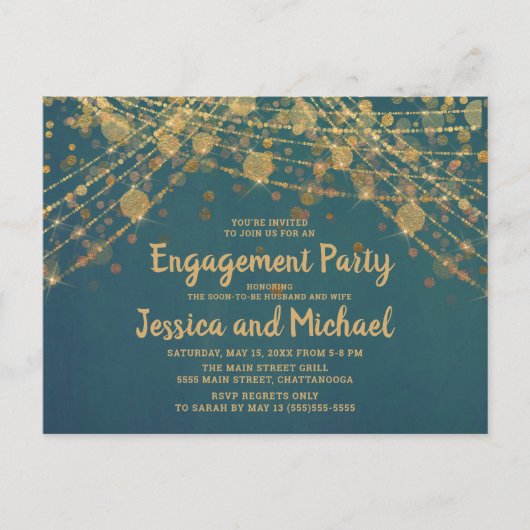 Aquamarine Gold String Lights-Engagement-Partei Postkarte (Vorderseite)