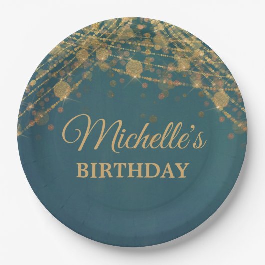 Aquamarine Gold String Lights Geburtstagsfeier Pappteller (Vorderseite)