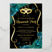 Aquamarine Goldcroll Masquera Quinceanera Folieneinladung (Vorderseite)