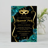 Aquamarine Goldcroll Masquera Quinceanera Folieneinladung (Stehend vorne)