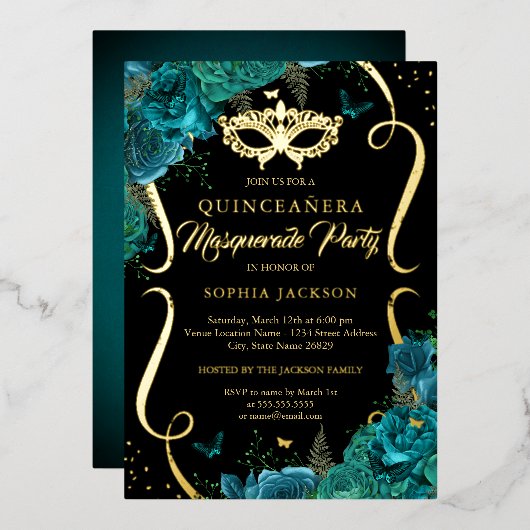 Aquamarine Goldcroll Masquera Quinceanera Folieneinladung (Vorderseite/Rückseite)