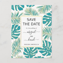 Aquamarine, goldene tropische Blätter Hochzeit Sic Ankündigungspostkarte