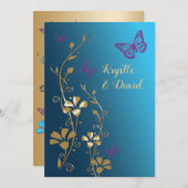 Aquamarine, goldene, violette Blumen und Schmetter Einladung (Vorne/Hinten)