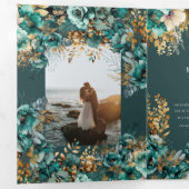 Aquamarine Goldflora Dreifach Gefaltete Einladung (Innen Erste Seite)