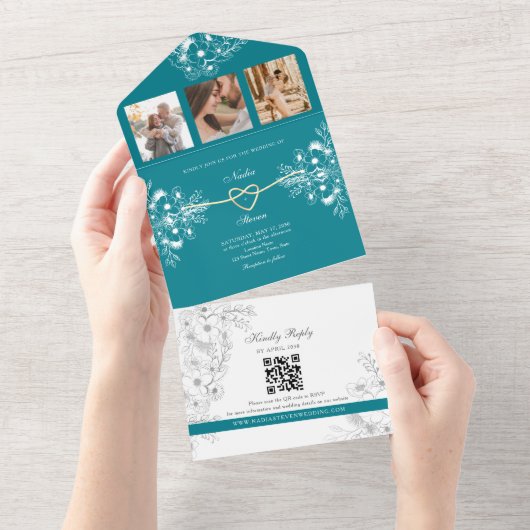 Aquamarine Goldflorale-Monogramm-Hochzeit All In One Einladung (Abreißen)