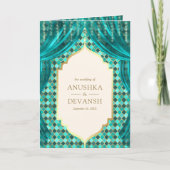 Aquamarine Goldfloralvorhang Indische Hinduhochzei Einladung (Vorderseite)