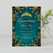 Aquamarine Goldkrone Blumenquinceanera Folieneinladung (Stehend vorne)