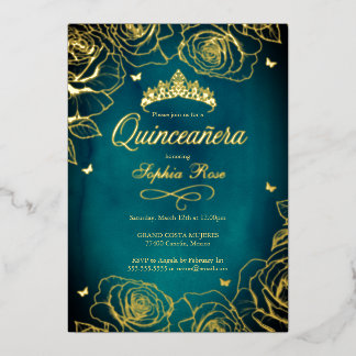 Aquamarine Goldkrone Rose Thema Quinceanera Folieneinladung