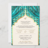 Aquamarine Goldquatrefolie QR Code Sikh Hochzeit Einladung (Vorderseite)