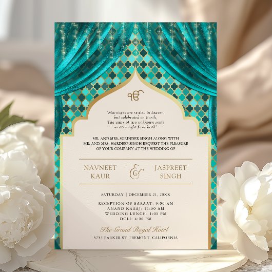 Aquamarine Goldquatrefolie QR Code Sikh Hochzeit Einladung