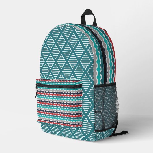 AQUAMARINE, GRAU SCHWARZE, ROTE GEOMETRISCHE PATTE BEDRUCKTER RUCKSACK (Rückseitige Ecke Rechts)