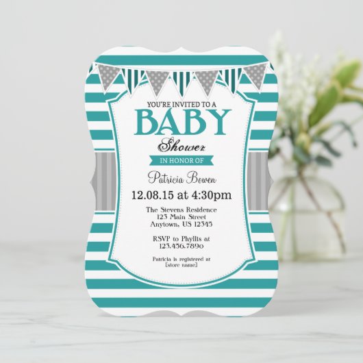 Aquamarine Graustreifen Babydusche Einladung (Stehend Vorderseite)