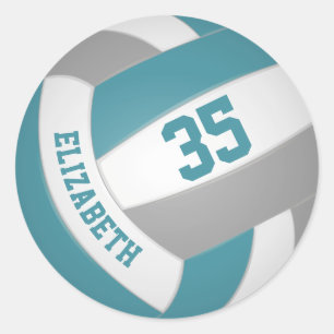 aquamarine, grauweiße Mädchen Jungs nennen Volleyb Runder Aufkleber
