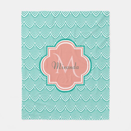 Aquamarine Green Art Deco Fischskala Rosa Monogram Fleecedecke (Vorderseite)
