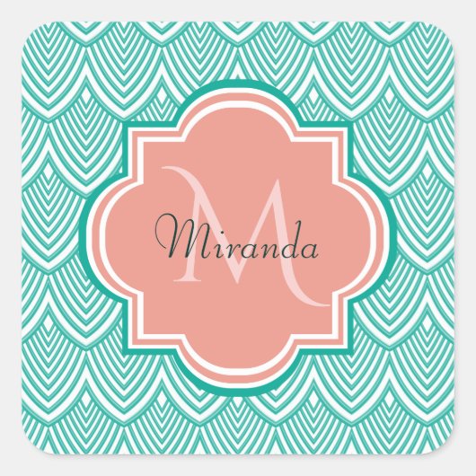 Aquamarine Green Art Deco Fischskala Rosa Monogram Quadratischer Aufkleber (Vorderseite)