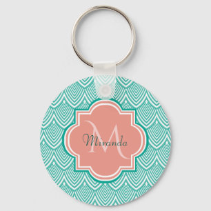 Aquamarine Green Art Deco Fischskala Rosa Monogram Schlüsselanhänger
