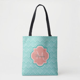 Aquamarine Green Art Deco Fischskala Rosa Monogram Tasche
