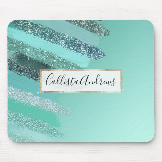 Aquamarine Green Blue Glitzer Pinselstriche Mousepad (Vorne)
