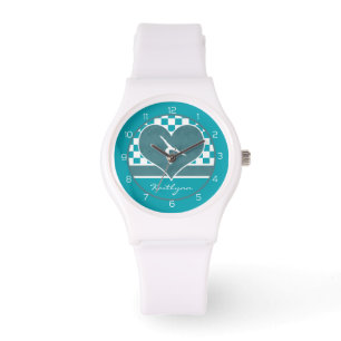 Aquamarine Green Checkered Gymnastik mit Monogramm Armbanduhr
