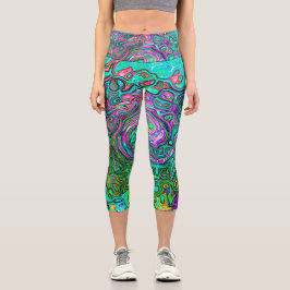 Aquamarine Groovy Abstrakt Retro Liquid Swirl Capri Leggings