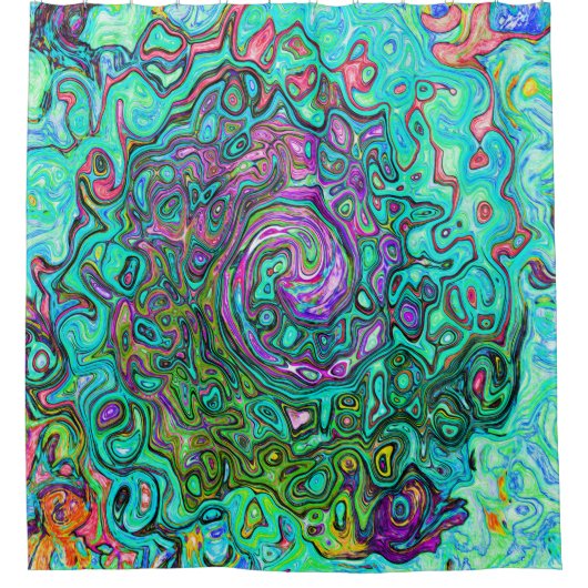 Aquamarine Groovy Abstrakt Retro Liquid Swirl Duschvorhang (Vorderseite)