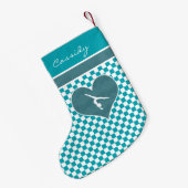 Aquamarine grüne Checkered Gymnastik mit Monogramm Kleiner Weihnachtsstrumpf (Rückseite (Hängend))