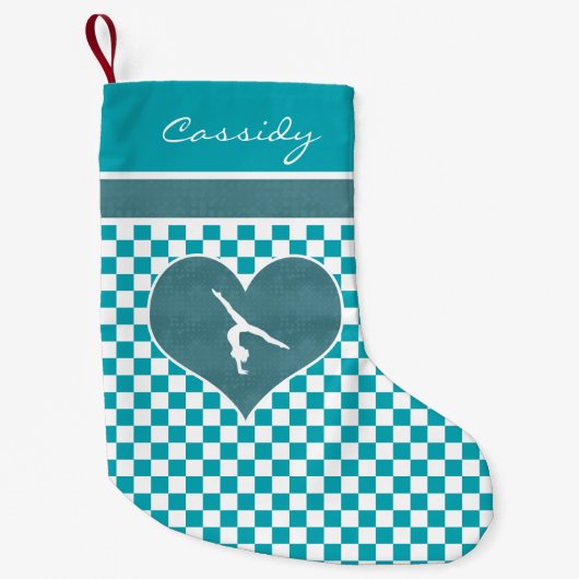 Aquamarine grüne Checkered Gymnastik mit Monogramm Kleiner Weihnachtsstrumpf (Vorderseite)