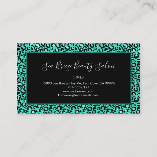 Aquamarine grüne Leoparden-Spots Chic Black Monogr Visitenkarte (Rückseite)