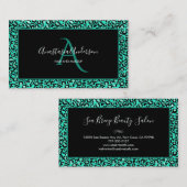 Aquamarine grüne Leoparden-Spots Chic Black Monogr Visitenkarte (Vorne/Hinten)