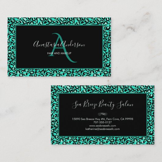 Aquamarine grüne Leoparden-Spots Chic Black Monogr Visitenkarte (Vorne/Hinten)