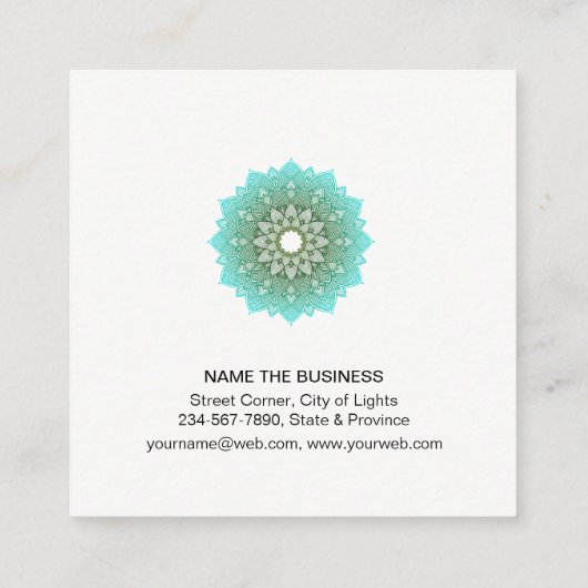 Aquamarine grüne Lotosmandala-Yoga-Meditation Quadratische Visitenkarte (Rückseite)
