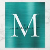 Aquamarine grüne Monogram, Girly Script, Metallic Weinetikett (Einzelnes Label)