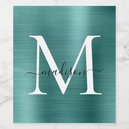 Aquamarine grüne Monogram, Girly Script, Metallic Weinetikett (Einzelnes Label)