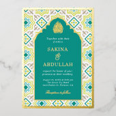 Aquamarine grüne persische Mosaikhochzeit Folieneinladung (Vorderseite)