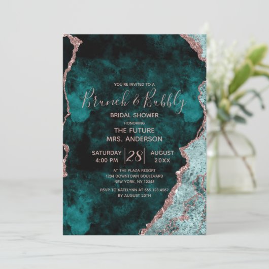 Aquamarine grüne Rose Gold Brunch & Bubbly Brautpa Einladung (Stehend Vorderseite)
