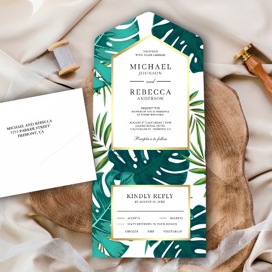 Aquamarine Grüne Tropenpalme Monstera Blätter Hoch All In One Einladung