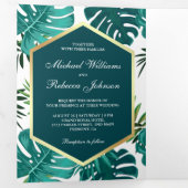 Aquamarine Grüne Tropenpalme Monstera Blätter Hoch Dreifach Gefaltete Einladung (Innen Erste Seite)