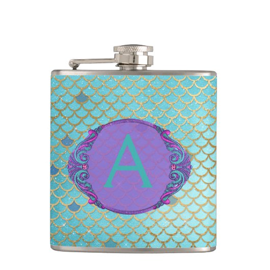 Aquamarine grüne und Lila Mermaid-Skala Mit Monogr Flachmann (Vorderseite)