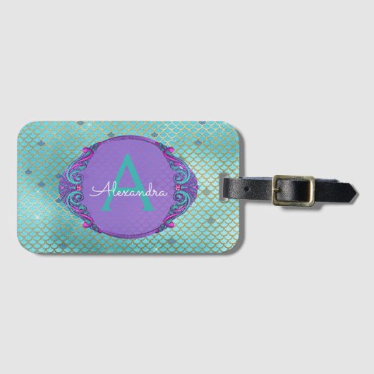 Aquamarine grüne und Lila Mermaid-Skala Mit Monogr Gepäckanhänger (Vorderseite (Horizontal))