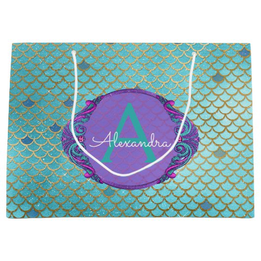 Aquamarine grüne und Lila Mermaid-Skala Mit Monogr Große Geschenktüte (Vorderseite)