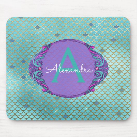 Aquamarine grüne und Lila Mermaid-Skala Mit Monogr Mousepad (Vorne)