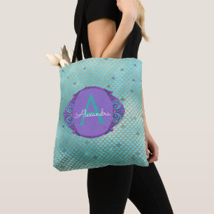 Aquamarine grüne und Lila Mermaid-Skala Mit Monogr Tasche